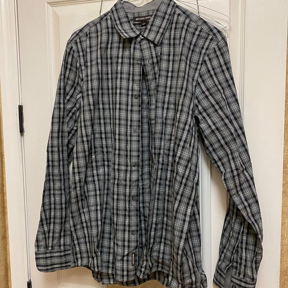 Michael Kors Men's Button-Up LS Shirt Classic Fit Gray/black/white Plaid Size L